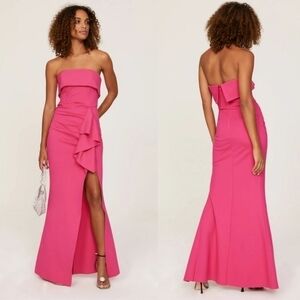 ELLIATT Across Pink Strapless Ruffle Side Slit Gown Dress Small Barbiecore